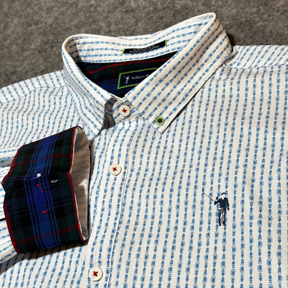 William Murray Shirt Mens XL White Blue Beer Mug Print Performance Golf Preppy